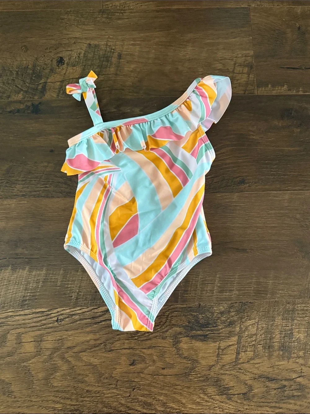 Girls One-Shoulder Ruffle Swimsuit in Pastel Stripe